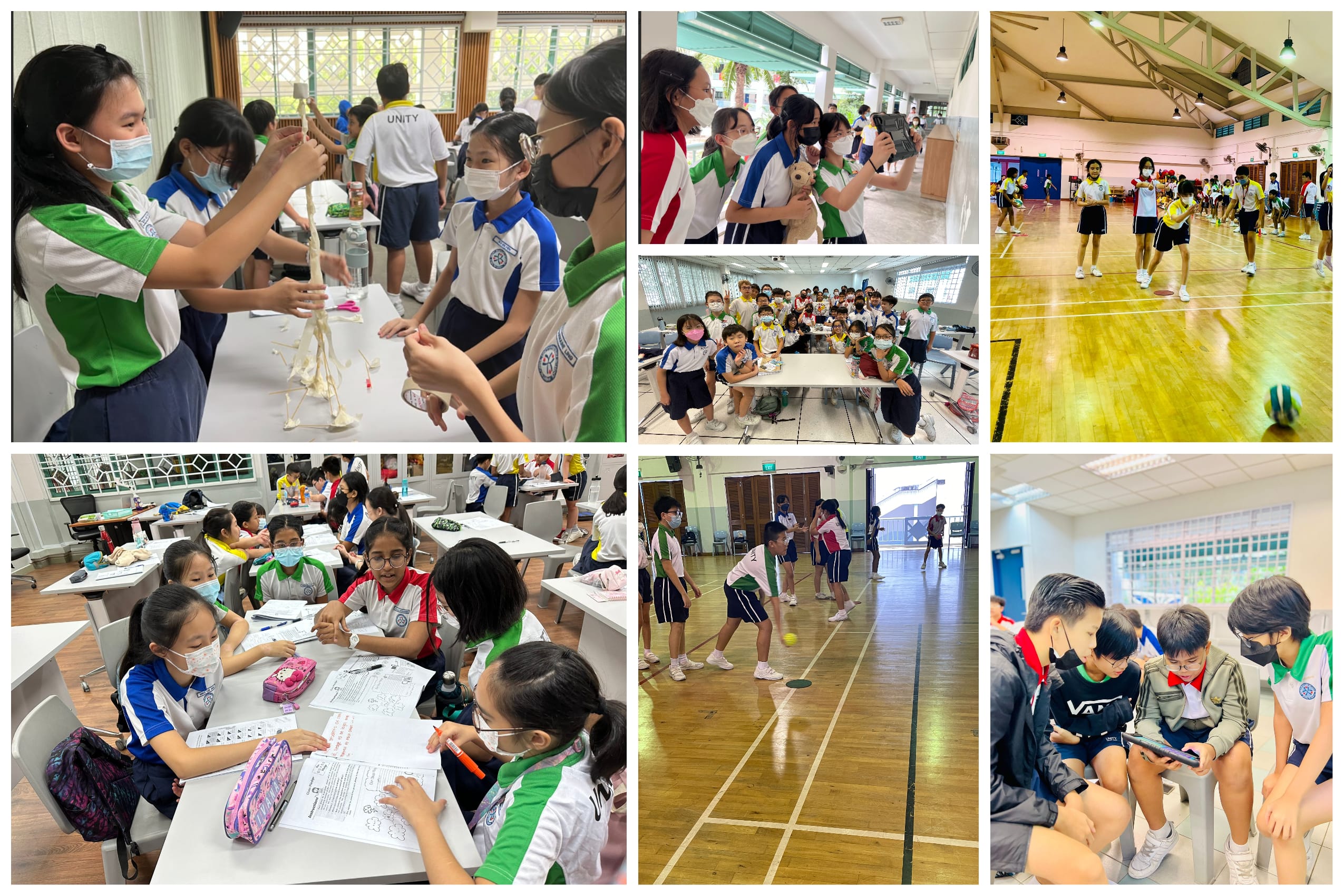 Collage of students in uniforms doing science, group work, taking photos, and playing games in a gym.